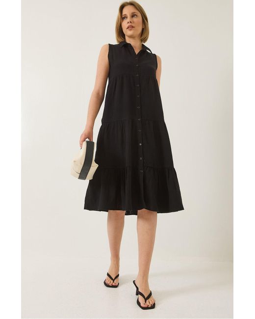 Bianco Lucci Black Hemdkragen, Geknöpft, Lockeres Musselin-Kleid 70320 Für Damen