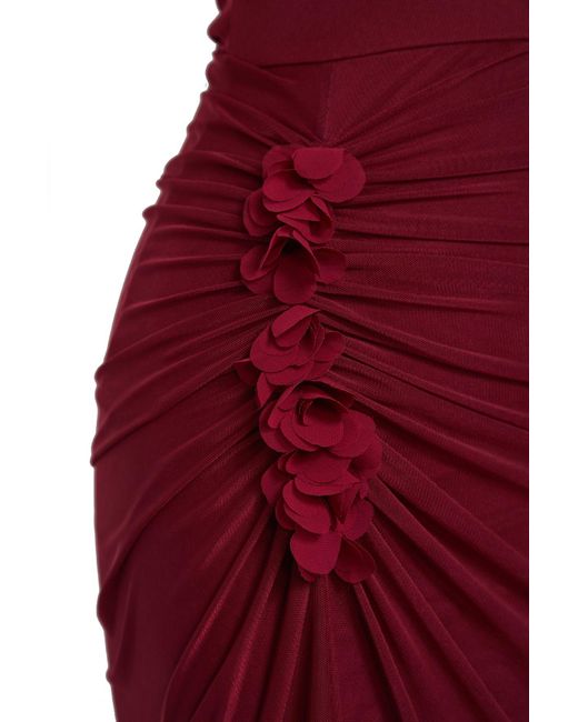 Trendyol Red Burgunderrotes, Drapiertes, Mit Blumen Verziertes, Detailliertes, Mit Tüll Gefüttertes Strickkleid Für Damen