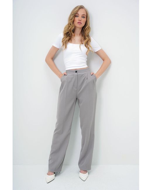 Trend Alaçatı Stili Gray Graue Hose Mit Doppelter Tasche Und Paspelierung, Plissiert, Palazzo-Gewebt, Für Damen