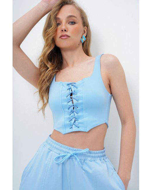 Trend Alaçatı Stili Blue Blaue Lycra-Vogelaugen-Korsett-Crop-Bluse Für Damen