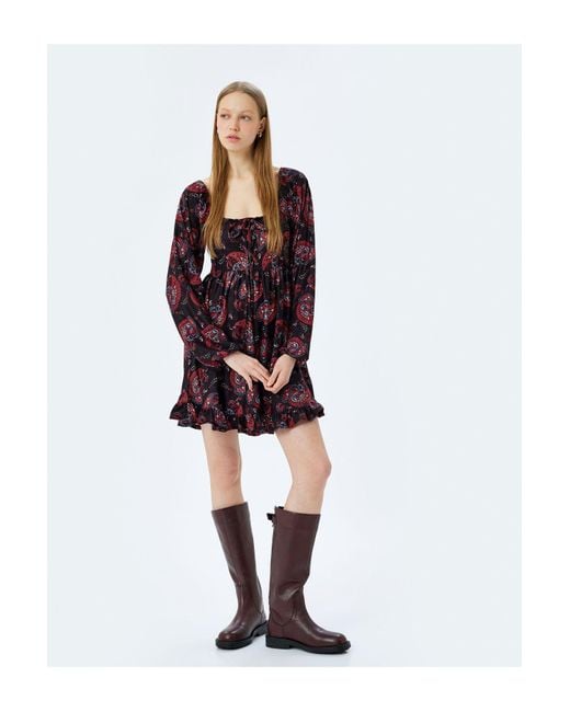 Koton Red Minikleid Mit Schnürkragen Und Langen Ballonärmeln Und Volants Für Damen