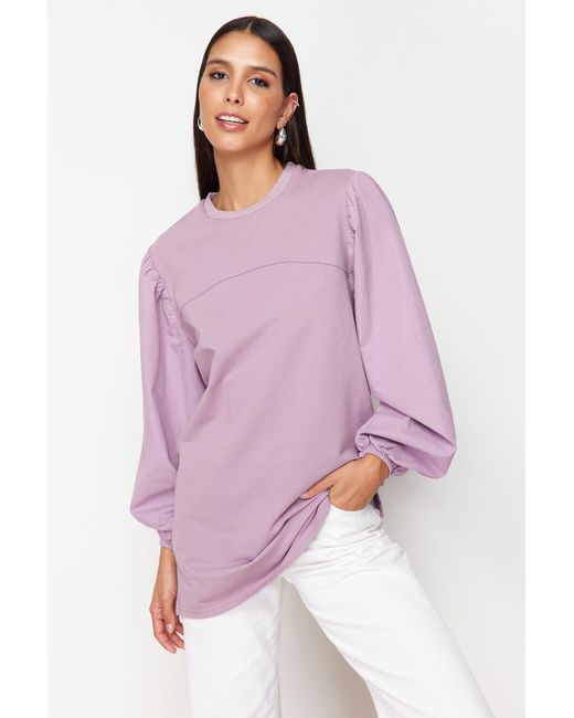 Trendyol Purple Farbenes popeline-sweatshirt mit gestrickten ärmeln und detail