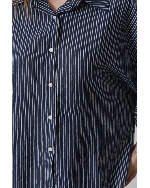 Trendyol Blue Marineblaues, Übergroßes, Gestreiftes Hemd Mit Dreiviertelärmeln Für Damen