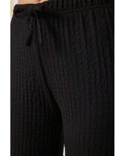 Happiness İstanbul Black Schwarze Strukturierte Sommer-Strickhose Mit Weitem Bein Für Damen