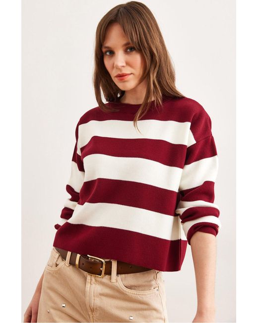 Olalook Red Burgunderfarbener Gestreifter Strickpullover – Rundhalsausschnitt, Kzk- 19000932 Für Damen