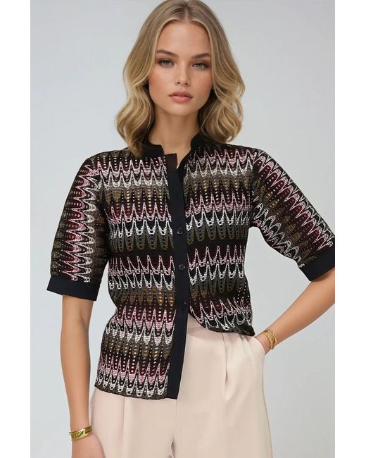 Trend Alaçatı Stili Black Khakifarbenes, Kurzärmliges Guipure-Hemd Mit Gewebtem Kragen Und Durchbrochenen Manschetten Für Damen