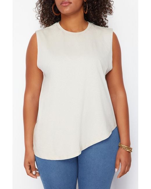 Trendyol White Steinfarbenes, asymmetrisches strick-t-shirt aus 100 % baumwolle, nachhaltiger