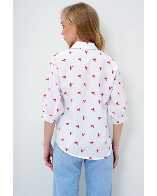 Trend Alaçatı Stili White Rotes Gemustertes Popeline-Hemd Mit Ballonärmeln Für Damen