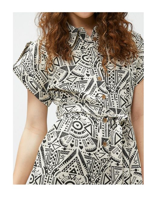 Koton Black Shorts, Overalls, Kurze Ärmel, Geknöpft, Ethnisch Gemustert, Taille Mit Gürtel Für Damen