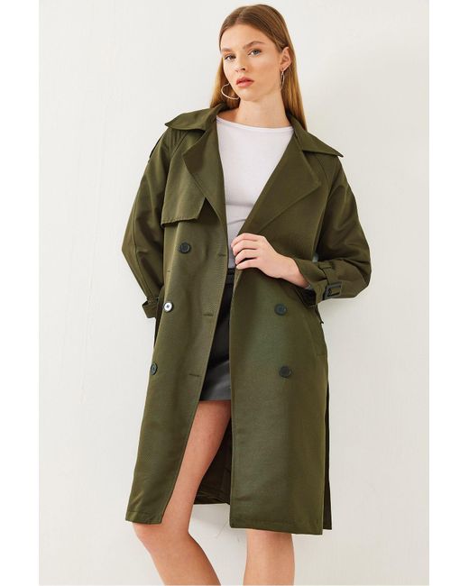 Bianco Lucci Green Trenchcoat Mit Aller-Detail Vorne, Zweireihig, 8118 Für Damen