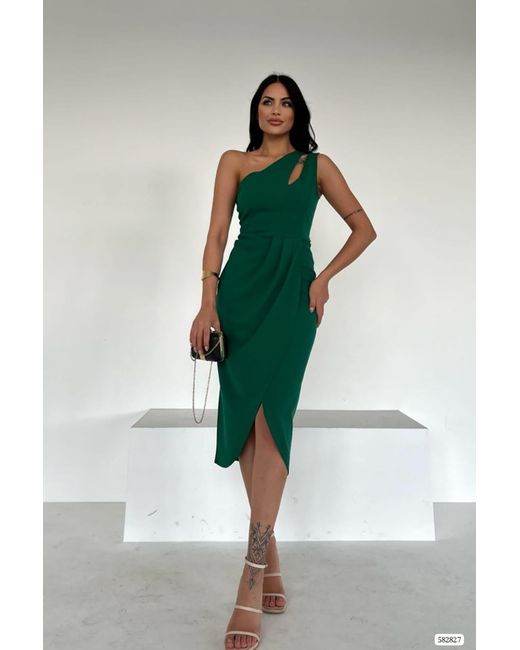 Deafox Green Grünes Midi-Kleid Aus Kreppstoff Mit One-Shoulder-Schlitzdetail Für Damen