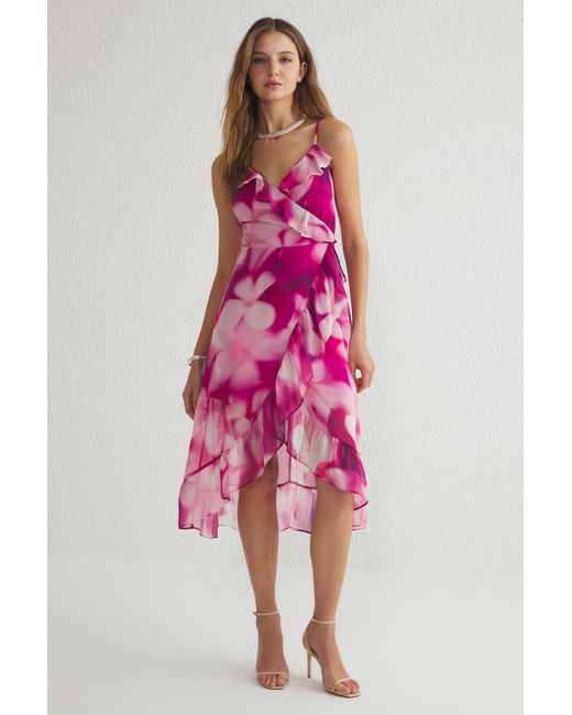 Trendyol Pink Zweireihiges, Mit Chiffon Gefüttertes, Gewebtes Midi-Kleid