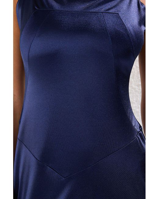 Trendyol Blue Marineblaues, Gerades, Tailliertes, Gestricktes Satin-Maxi-Abendkleid Und Heimkehrkleid Für Damen