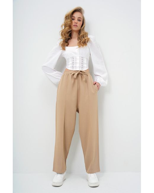 Trend Alaçatı Stili Natural Beigefarbene Palazzo-Pantalon Aus Leinen Mit Hoher Taille Und Doppelten Taschen Für Damen