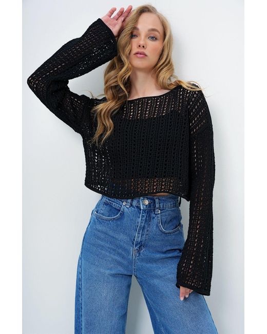 Trend Alaçatı Stili Blue Schwarze Strickbluse Mit U-Boot-Ausschnitt Und Durchbrochenem Strick Für Den Sommer Für Damen