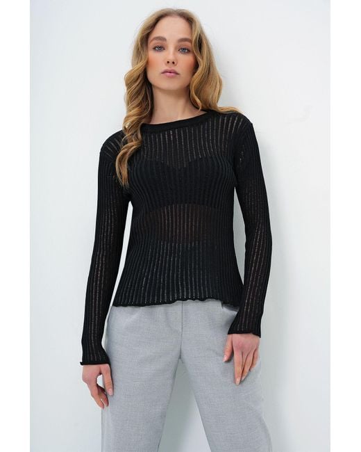 Trend Alaçatı Stili Black Schwarze Durchbrochene Strickbluse Mit Rundhalsausschnitt Für Damen