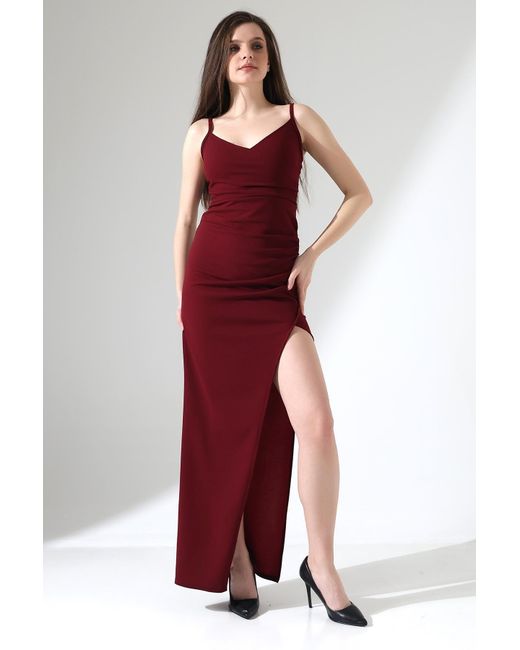 Deafox Red Burgunderfarbenes, Importiertes Kleid Aus Kreppstoff Mit Dünnen Trägern Und Zweireihigem Ausschnitt Und Schlitz Für Damen