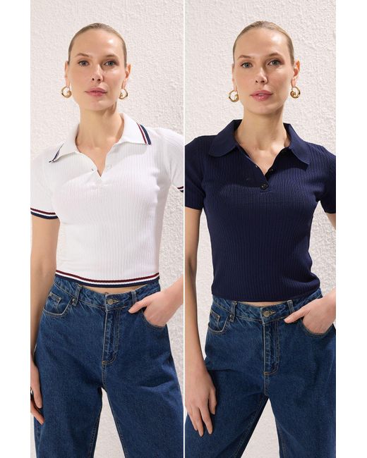 Trendyol Blue Marineblau-Ecru Basic Polo Tricot Dünne Bluse Doppelpack Für Damen