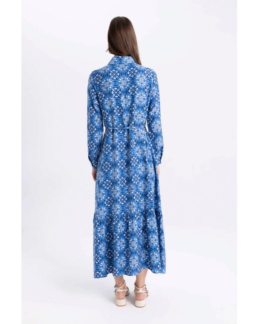 Defacto Blue Langärmliges maxikleid mit hemdkragen und print