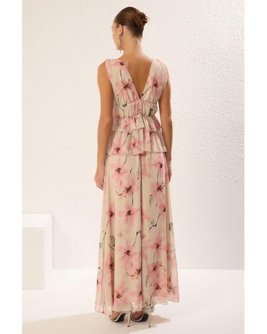 Trendyol Pink Gefüttertes, Gewebtes Chiffon-Maxikleid Für Die Nacht, Abschlusskleid Für Damen