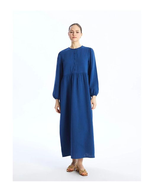 LC Waikiki Blue Lcw Modest Rundhals-Langarmkleid Für Damen