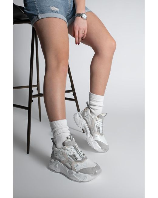 Marjin Gray Weißer Mizon-Sneaker – Mehrteilige Sportschuhe Mit Dicker Sohle Und Schnürung Für Damen