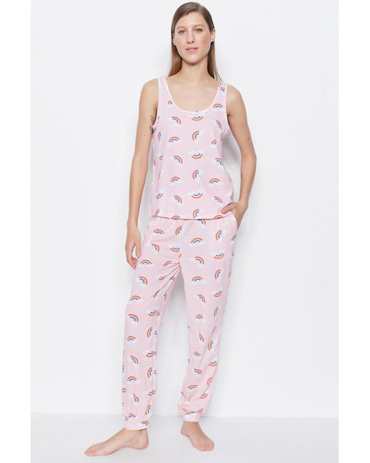 Trendyol Pink Hellrosa gestricktes pyjama-set mit unterhemd und hose mit regenbogenmuster
