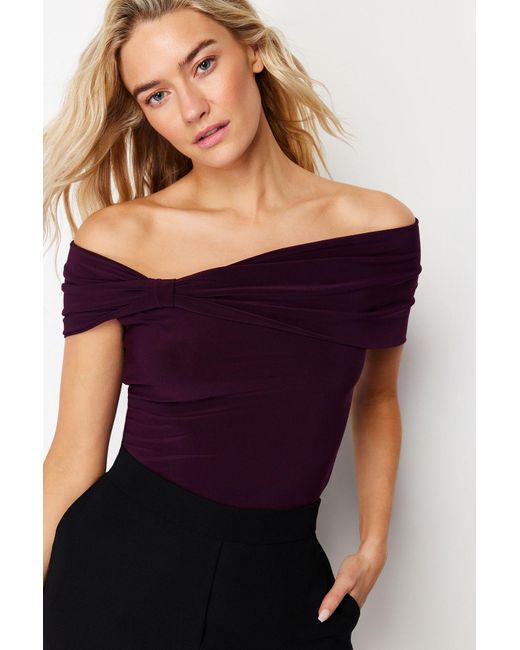 Trendyol Purple Flexibler Gestrickter Madonna-Kragen Carmen-Kragen Pflaumen-Crop-Bluse Für Damen