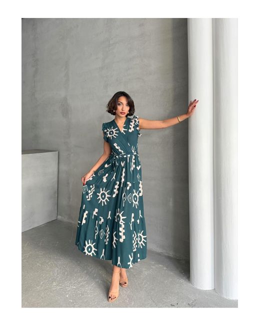 BEJNA Blue Grünes, Gewebtes Kleid Mit Fliegenärmeln Und Zweireihigem Ausschnitt Für Damen