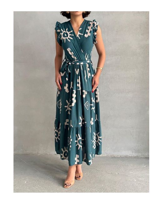 BEJNA Blue Grünes, Gewebtes Kleid Mit Fliegenärmeln Und Zweireihigem Ausschnitt Für Damen