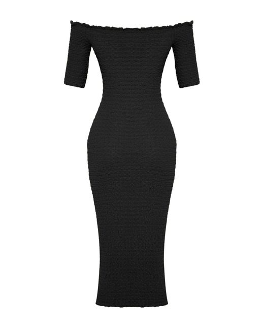 Trendyol Gray Dehnbares, Strukturiertes, Schwarzes Midi-Kleid Mit Carmen-Ausschnitt – Geraffter, Körperbetonter Für Damen