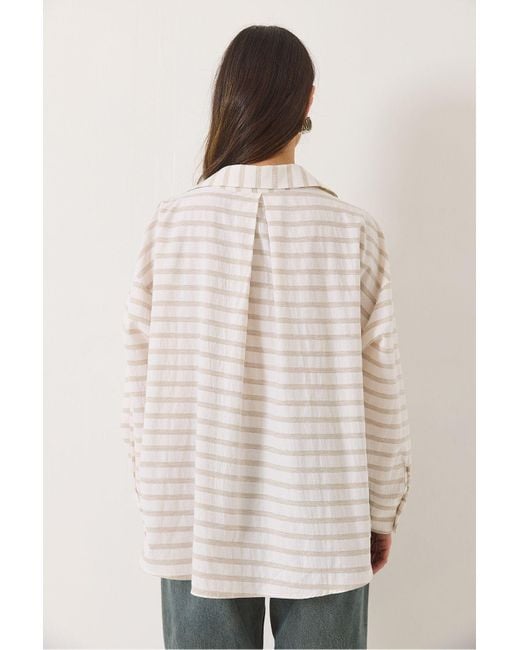 Bianco Lucci Natural Gestreiftes Baumwollhemd Mit V-Ausschnitt Und Einer Tasche, Detailliertes Oversize-Hemd 8212-3 Für Damen