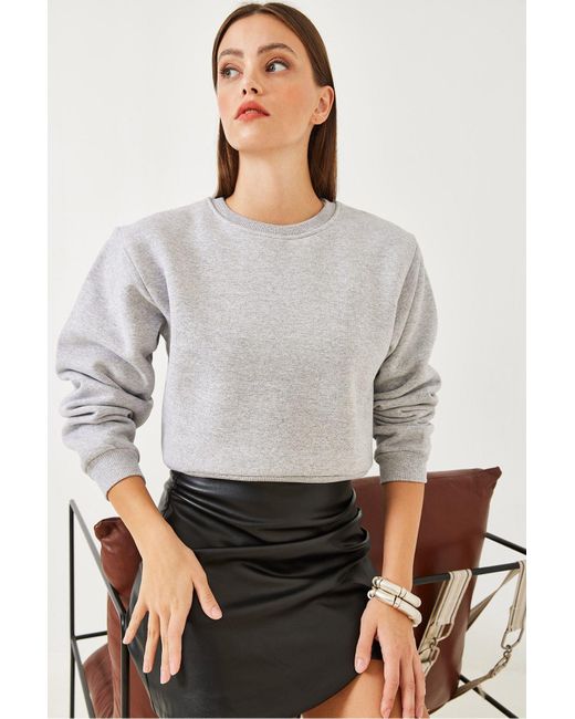 Bianco Lucci Gray Basic-Crop-Sweatshirt Mit Rundhalsausschnitt Für Damen