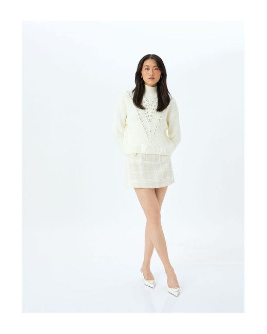 Koton White Langärmliger, Durchbrochener Strickpullover Mit Stehkragen Für Damen