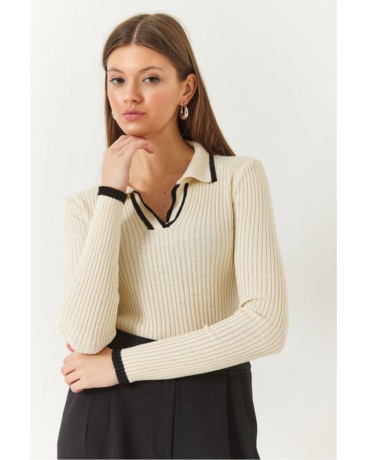 Bianco Lucci Natural Polokragen, Gerippt, Gestreift, Detaillierte Saisonale Langarm-Strickbluse Für Damen