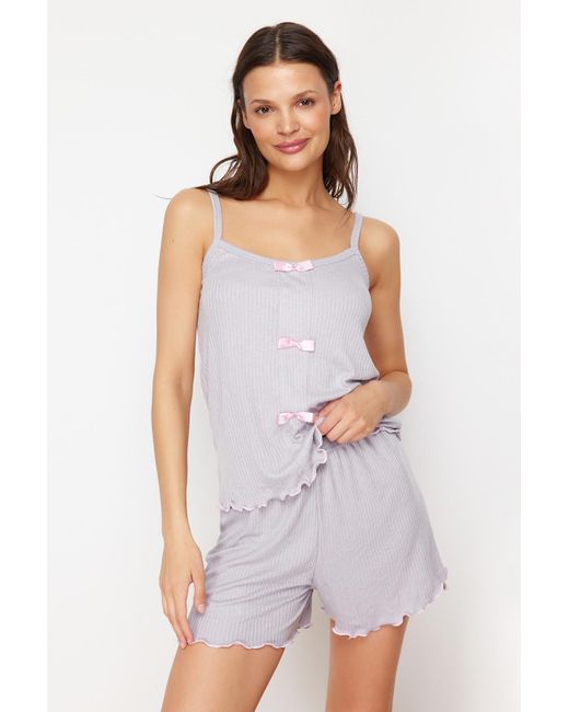 Trendyol White Es pyjama-set aus strick mit kordelzug – kordelriemen, schleifendetail