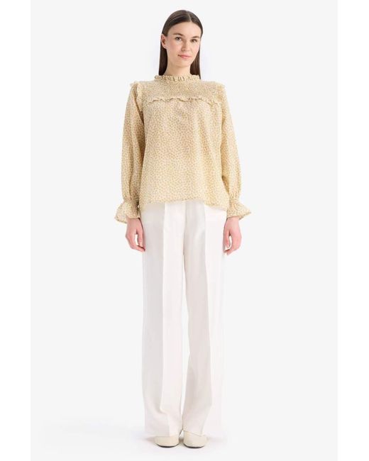 Defacto Natural Reguläre Passform, Gemusterter Rüschenkragen, Voile, Langärmelige Hijab-Blusen-Tunika E7966Ax25Sm Für Damen