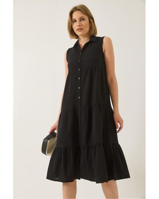 Bianco Lucci Black Hemdkragen, Geknöpft, Lockeres Musselin-Kleid 70320 Für Damen
