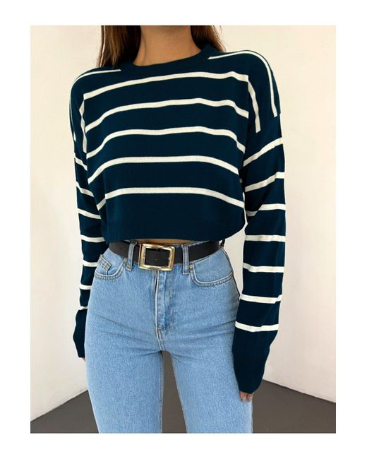 Modamorfo Blue Laci Dünn Gestreifter Crop-Strickpullover Für Damen
