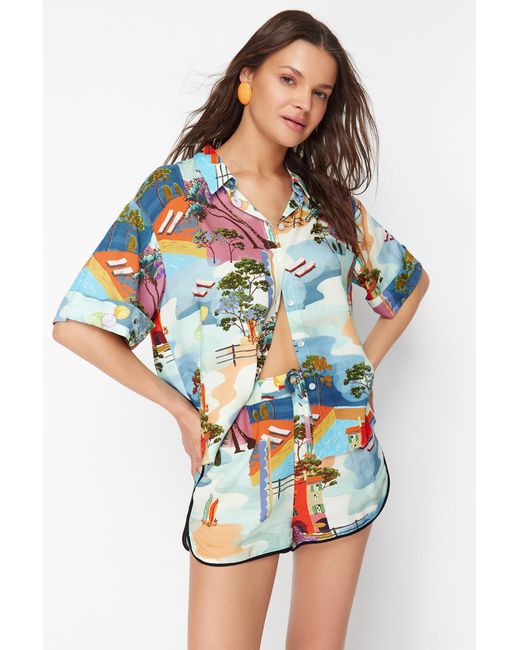 Trendyol Multicolor Gewebtes hemd-shorts-set mit landschaftsmuster