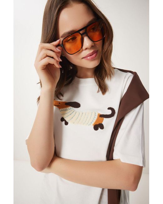Happiness İstanbul Multicolor Besticktes Baumwoll-Oversize-Strick-T-Shirt Für Damen