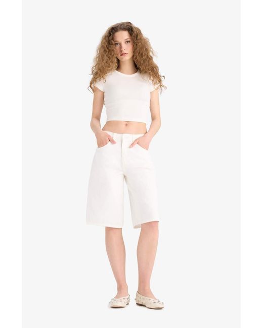 Defacto White Weiße Jean-Bermudashorts Mit Hoher Taille Für Damen