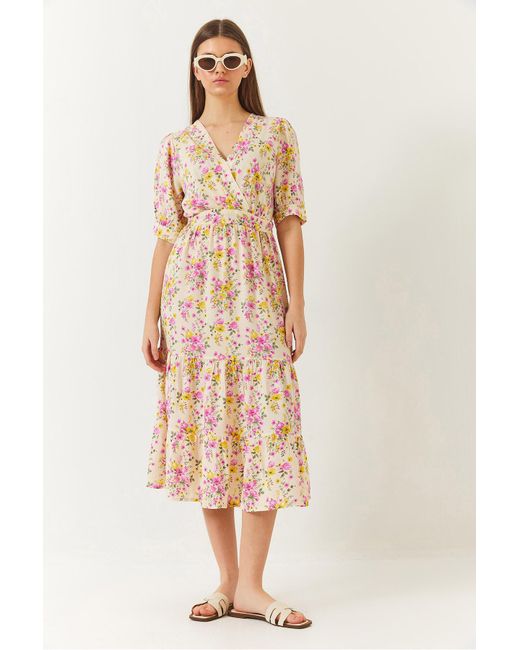 Bianco Lucci Natural Kleid Aus Viskose Mit Zweireihigem Ausschnitt Und Blumenmuster Und Kurzen Ärmeln Für Damen