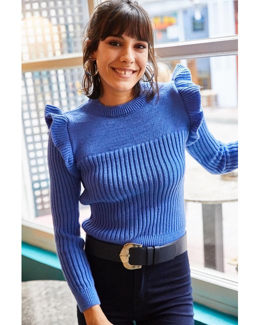 Olalook Blue Sweatshirt Aus Dickem Strick Mit Rüschenärmeln, Für Damen
