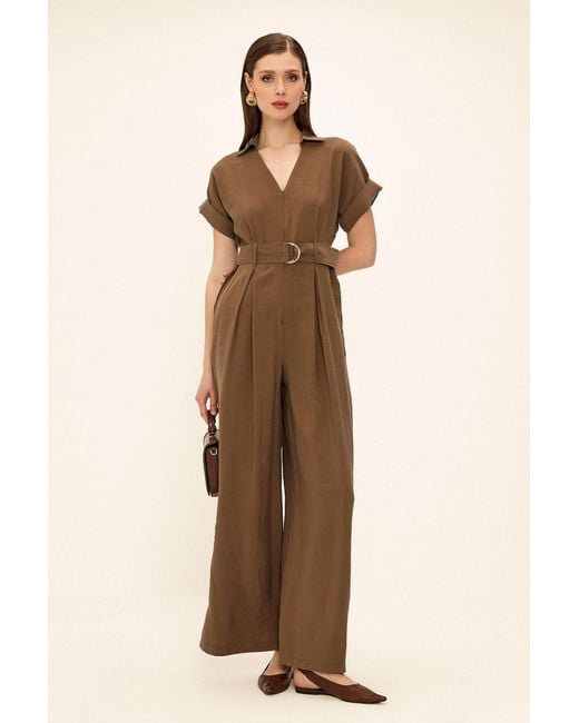 Olcay Natural Kurzärmliger Overall Aus Modal Mit Gürtel Für Damen