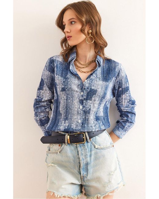 Olalook Blue Indigofarbenes, Strukturiertes Hemd Mit Regulärer Passform Gml- 19001297 Für Damen