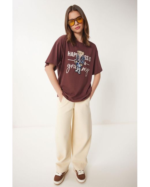 Happiness İstanbul Red Braunes T-Shirt Mit Teddybär-Stickerei Aus Baumwolle