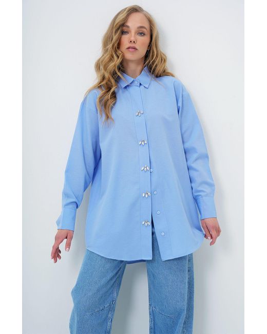 Trend Alaçatı Stili Blue Blaues, Mit Steinen Geknöpftes, Übergroßes Popeline-Hemd Für Damen