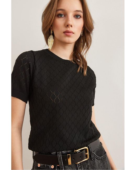 Olalook Black Schwarze, Durchbrochene, Kurzärmlige Strickbluse Mit Rautenmuster Blz- 19002883 Für Damen