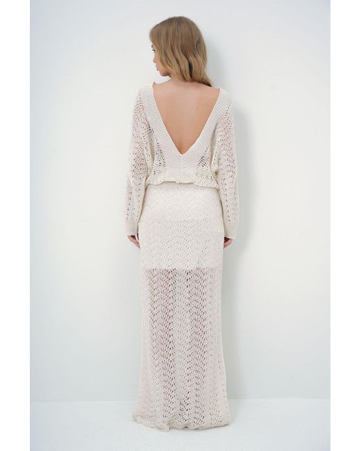 Trend Alaçatı Stili White Vanillefarbenes Maxi-Strickkleid – Gefüttert, V-Ausschnitt Für Damen